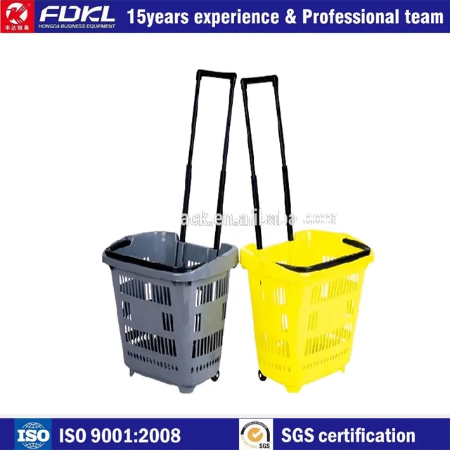 Large capacity perforated basket with castor trolley supermarket plastic cart collapsible shopping for shop