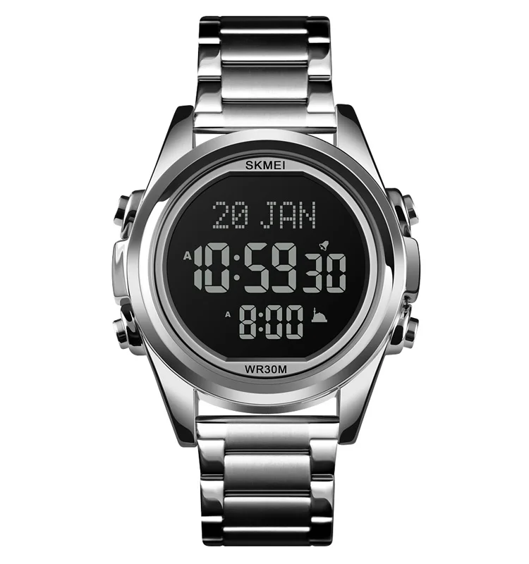 Hot Sale 1667 Luxury Azan Muslim Prayer Watch Alarm Clock Al Fajr Qibla Stainless Steel Gold Watch Men Digital Watch