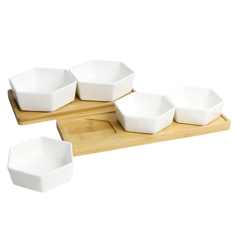 Hot Sell Porcelain White Snack bowl Set Fruit Bowl Ceramic Dipping Bowls with Bamboo Tray