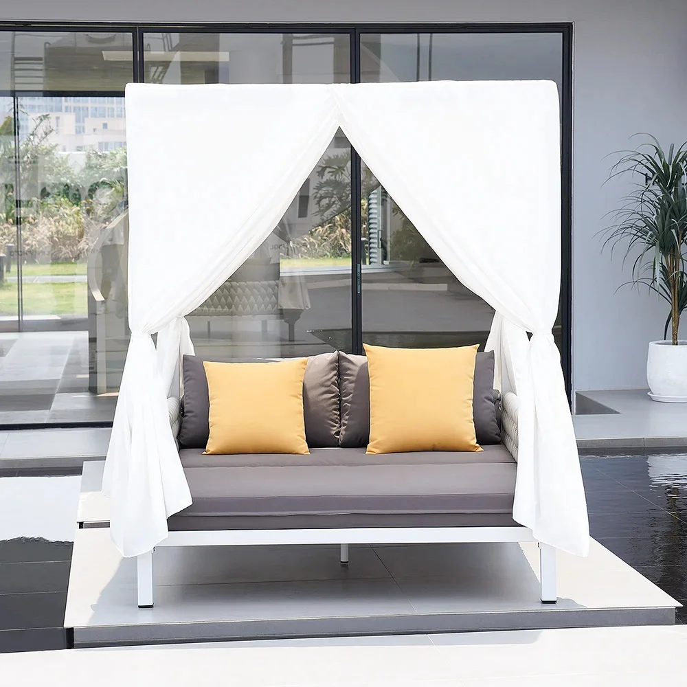 Balcony Hotel Modern Garden Furniture White Aluminum Gray Woven Rope 2-Person Outdoor Patio Daybed With Canopy Curtains