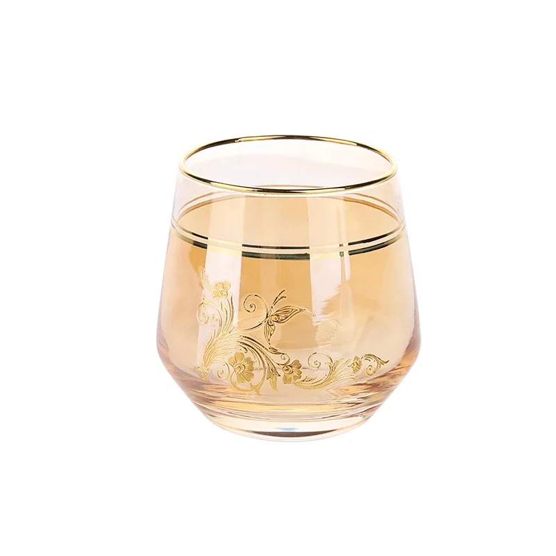 Factory Luxurious High-end Brand LOGO Customized Design Ion-plating Golden Rim Decal Hand Blown Crystal Glass Water Drinking Cup