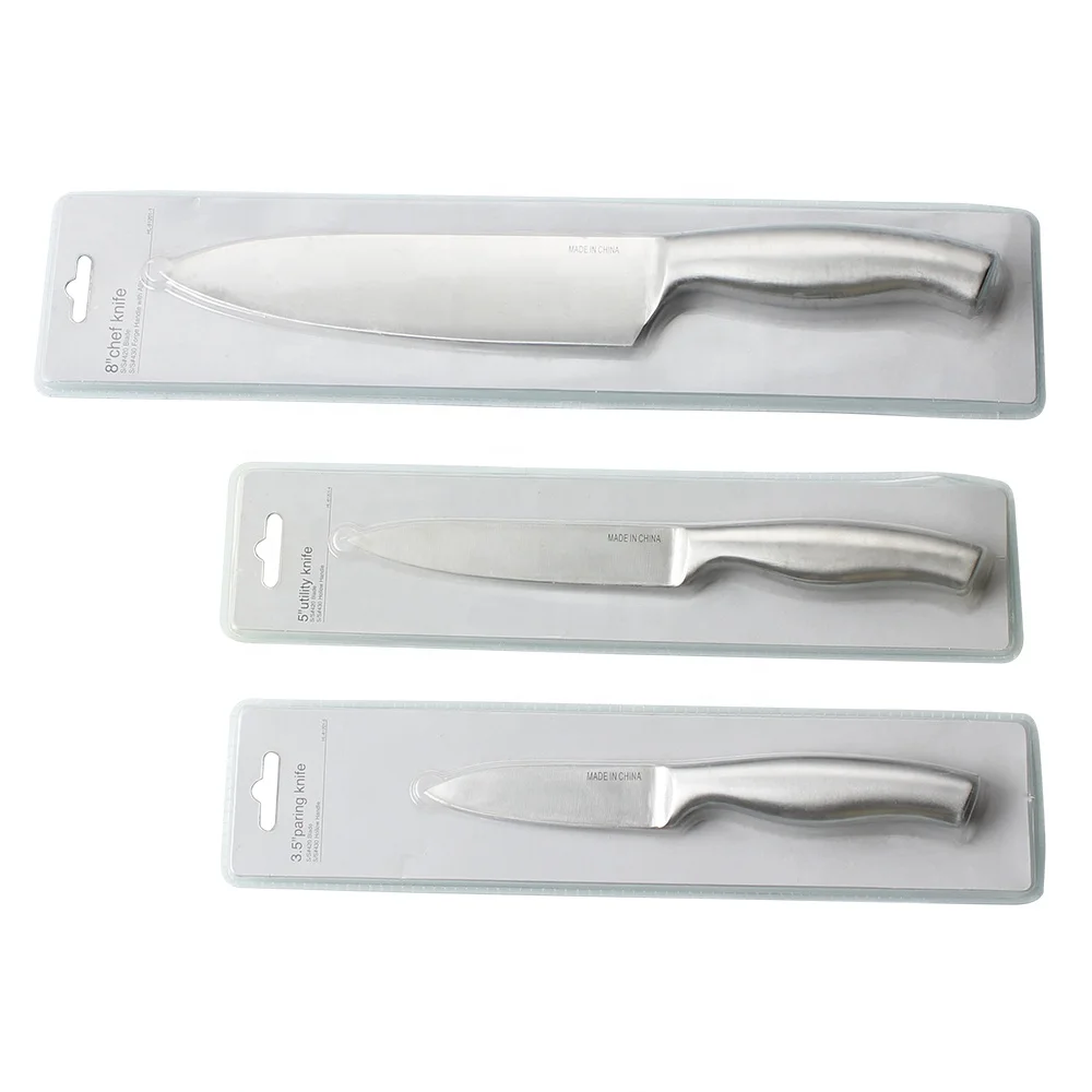 Wholesale Stainless Steel 3CR13 Chef Knives with Hollow Handle Metal Kitchen Knife Set in Double Blister Packing