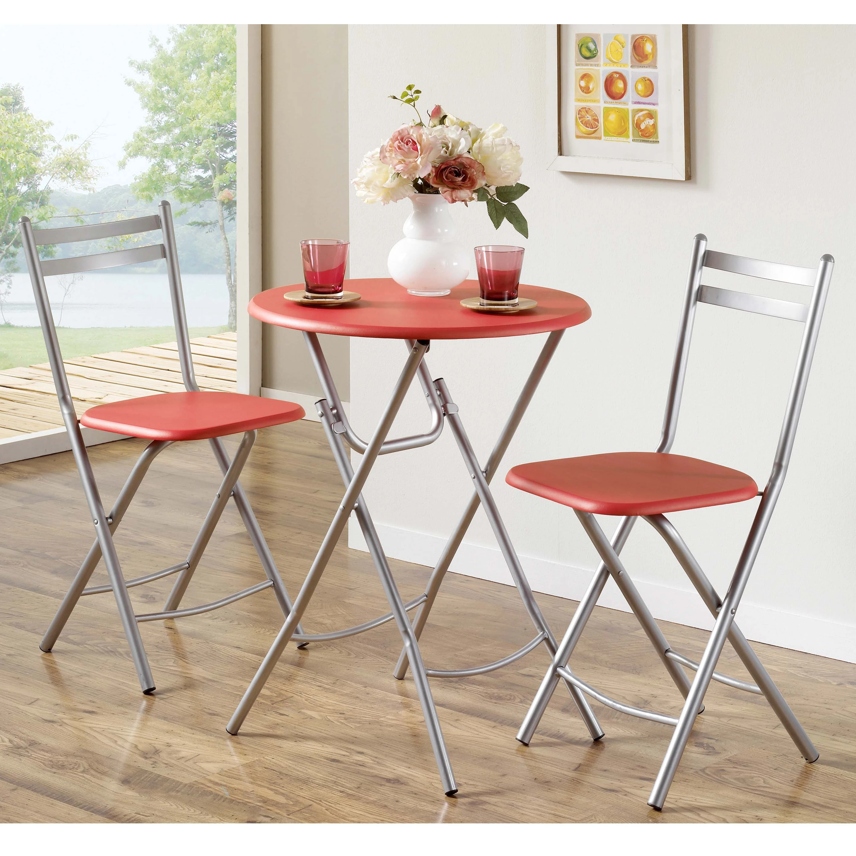 Modern fashion orange wood top metal legs 2 seater dinner room table set furniture folding small round dining table and chairs