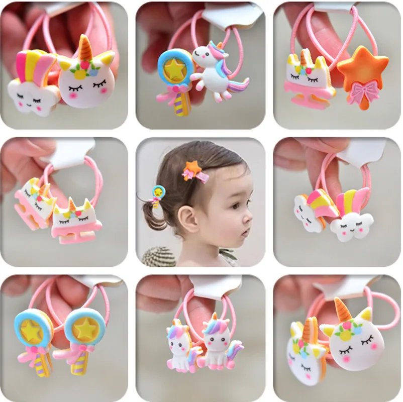 New Cute Hair Accessories Unicorn Rainbow White Horse Hair Ties For Kids Candy Tie Leather Band Kids Elastic Hair Ties