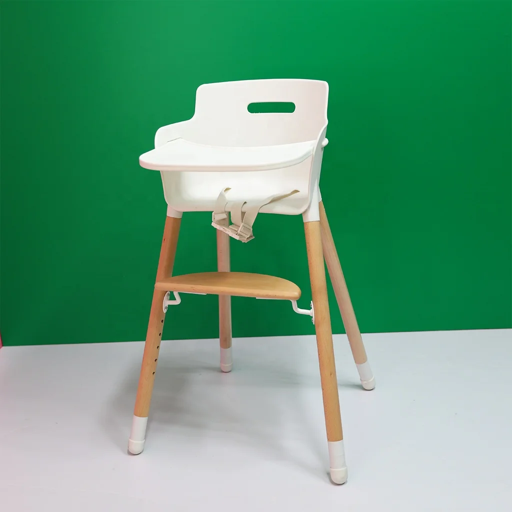 2021 New Product Model Easy Moving Adjustable Plastic Baby Eating Food Sitting High Chair With Wooden leg