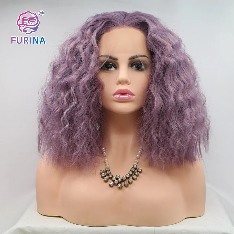 Furina Fashion Purple Fluffy short Bob curly hairpiece wigs synthetic hair for white women heat resistant fiber synthetic wigs