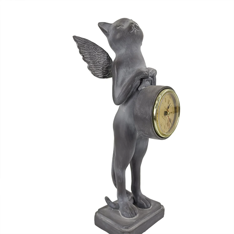 New Design 2021 Polyresin Cat Figurine Statues with Retro Clock Tabletop for Home Decoration