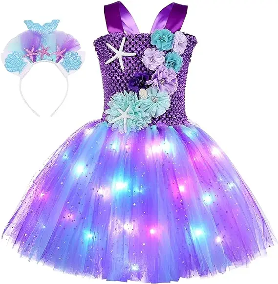 Girls Unicorn Costume LED Light Up Unicorn Dress With Wings Birthday Party Princess Dress for Halloween Party