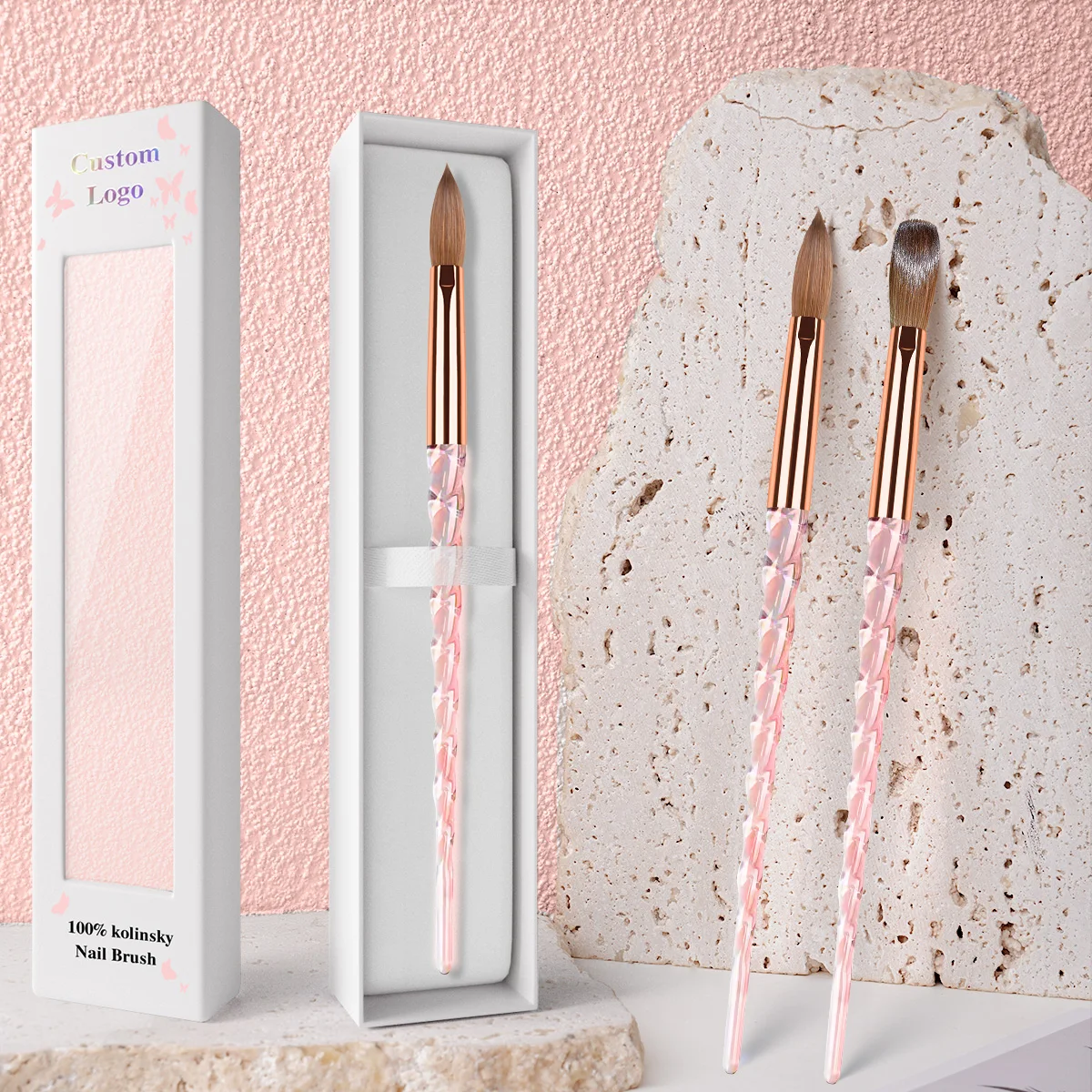 Fashion Pink Acrylic Screw Handle Custom Nail Art Brushes #8-#20 100% Kolinsky Acrylic Brush