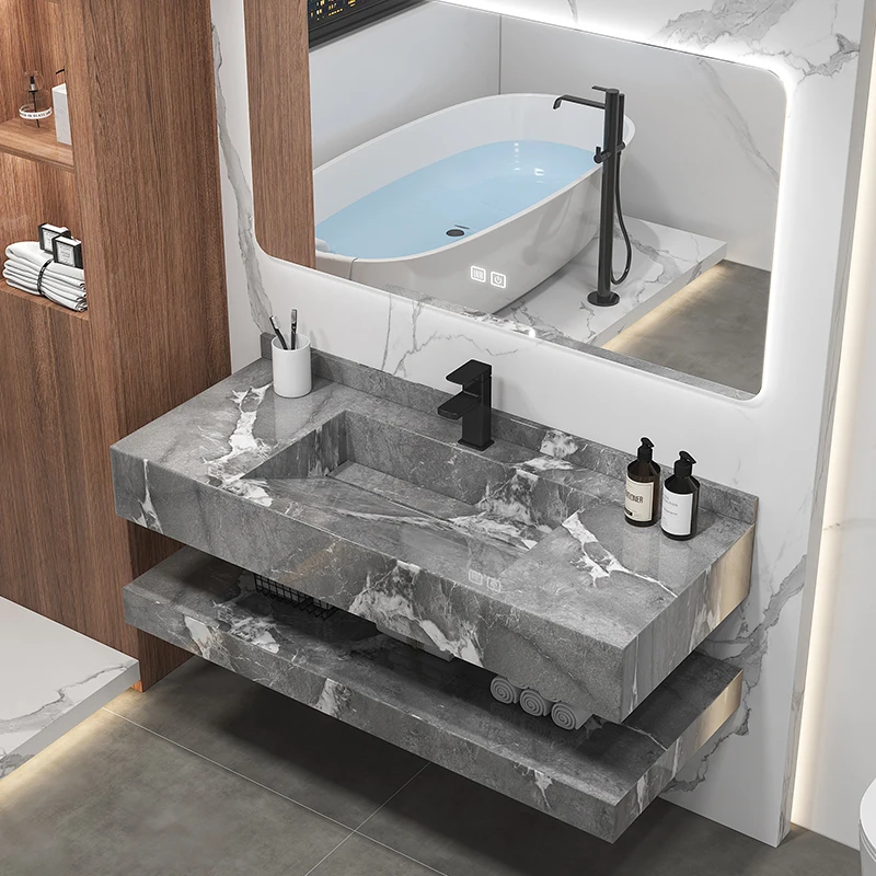Double-Layer Bathroom Furniture Wall Hung Hand Wash Basin Artificial Stone Bathroom Vanity Sink Marble Cabinet Basin