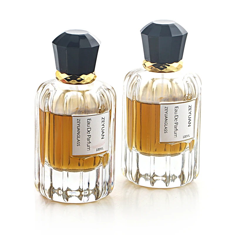 Dubai 100ml round emboss side empty clear perfume bottle 15mm crimp Sprayer glass bottle Luxury black gold cap