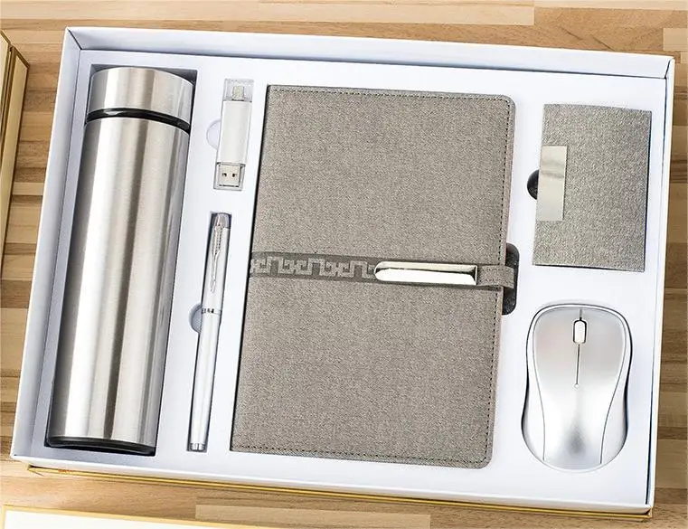 A5 Notebook+Sign Pen+Vacuum Flask+USB Flash Drive+Name Card Holder +Mouse Office Stationery Gift Set