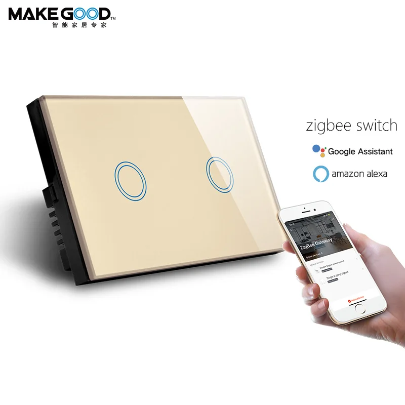 AU Standard Voice Control Touch Glass Panel 2Gang Smart Wall Zigbee Switch Compatible Alexa and Google Home Zigbee 3.0 Version