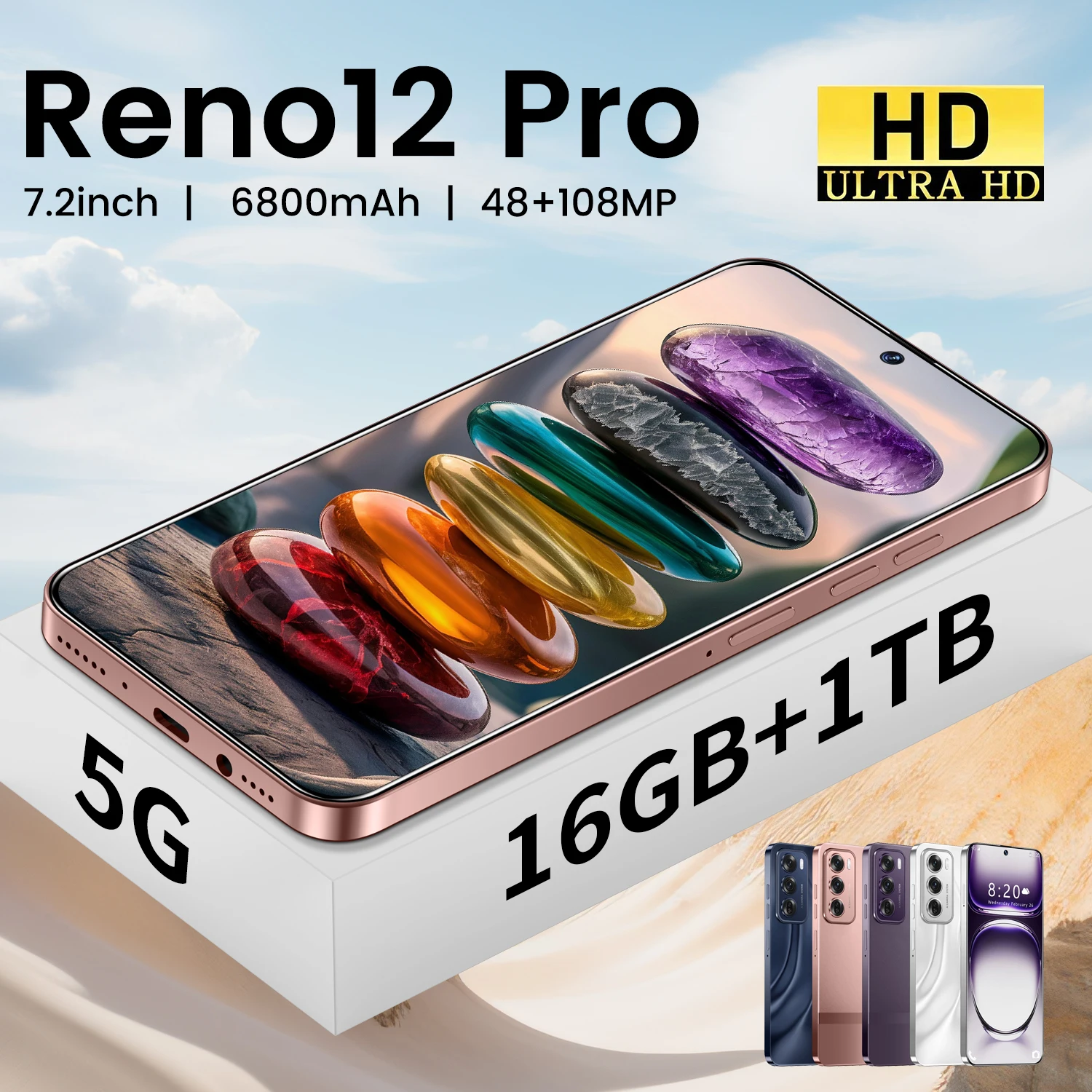 Popular design unlocked 7.3 Inch Reno 12 Pro Smartphone 16GB+1TB 5G Android 13.0 Dual SIM HD Screen cell phone Global Gaming