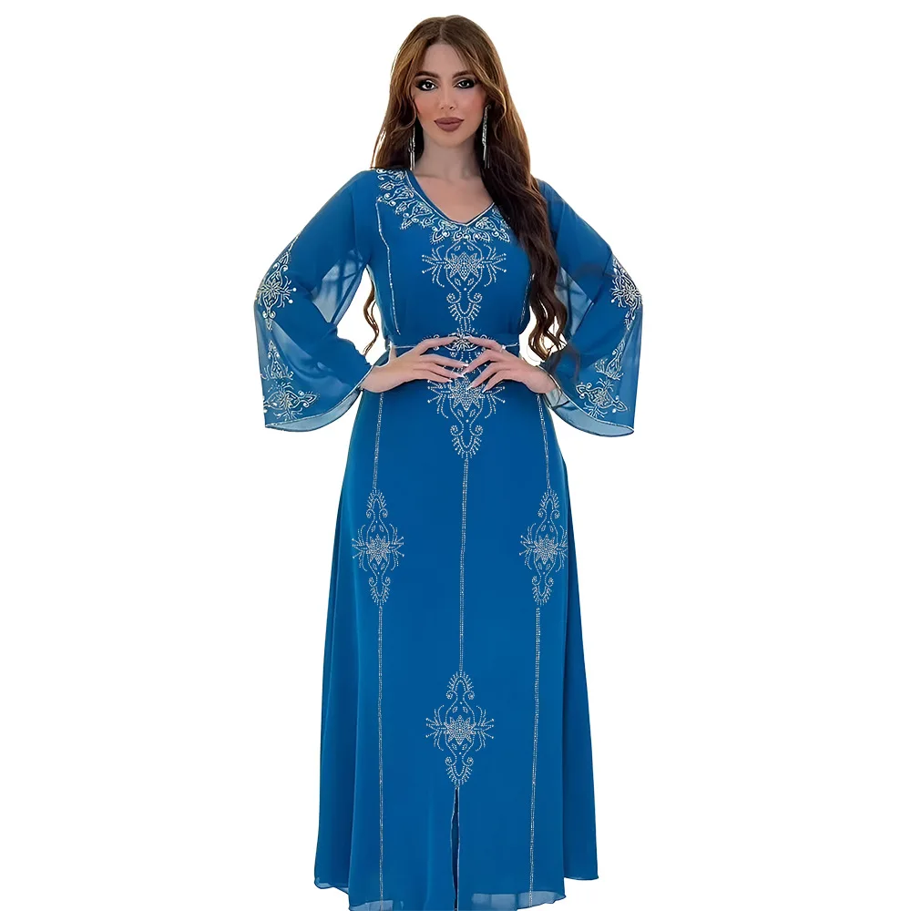 Fashion Collection Drilling Islamic Robe Georgette Moroccan Pink Wedding Dresses With Belt Muslim Eid Comfort Robe manufacturers
