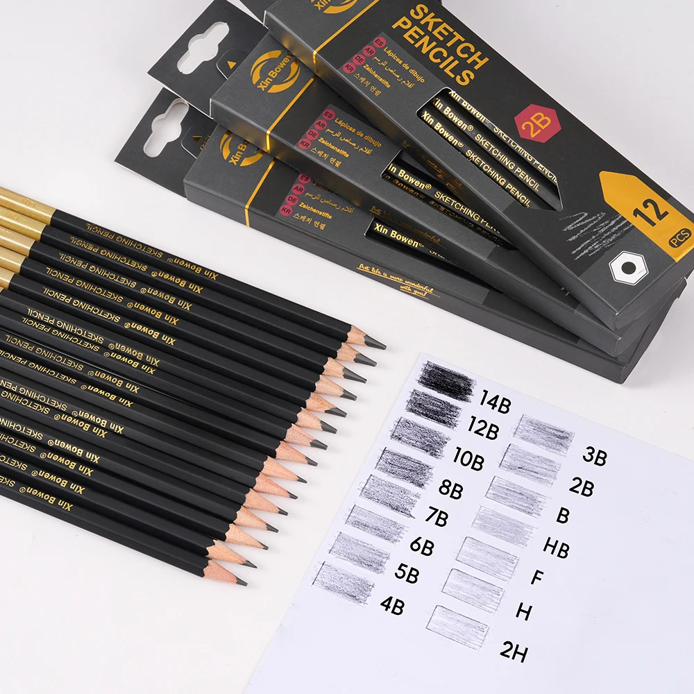 Xin Bowen 15 Hardness Selectable Sketch Pencils Set Black Gold Standard Drawing Pencils with Color Lead for School Use