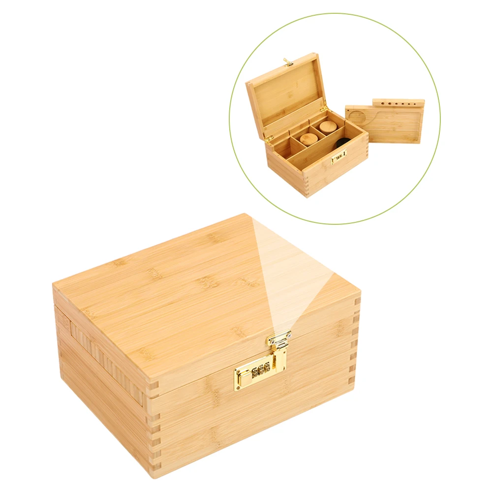 Wholesale Customized Logo Handmade Storage Wooden Rolling Tray Cigarette Box Bamboo Stash Boxes With Metal Cipher Lock
