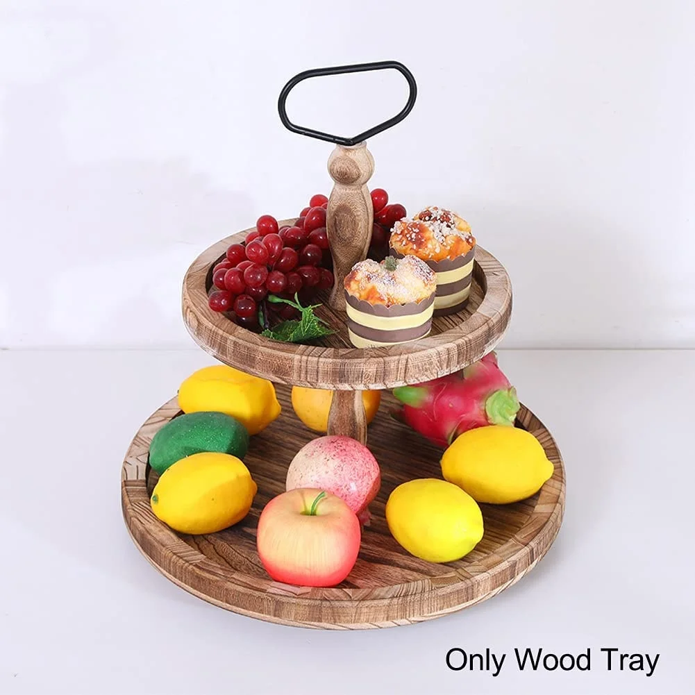 wholesale custom Rustic Brown Wood 2 Tier Tray with Metal Handle Wooden Tier Tray Tiered Serving Tray