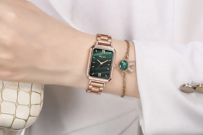 Hot Selling Alloy Quartz Rose Gold Women Watch Square Green Fancy Ladies Wrist Watch Jam Tangan Wanita