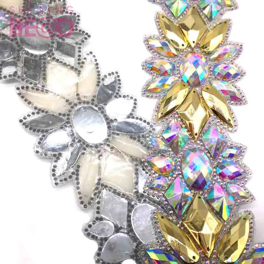 Resin Style Hot fix Rhinestone Tape Trim Gold  AB Glass Rhinestone Banding Ribbon Iron On Garments Shoes Decoration Patch