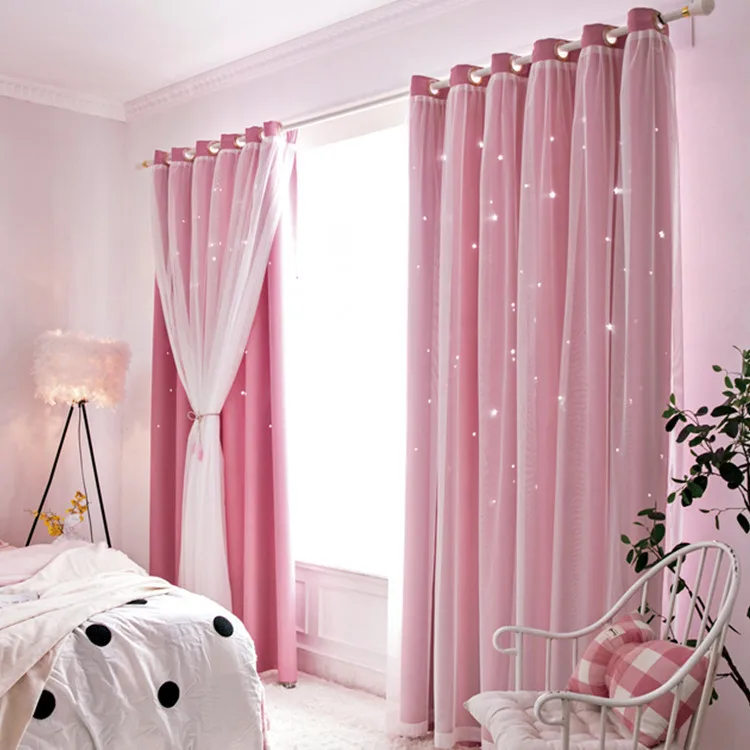 
Bedroom Double Layer Finished Product Customization Korean Princess Style INS Web Celebrity Hollow Star Shading Curtain 