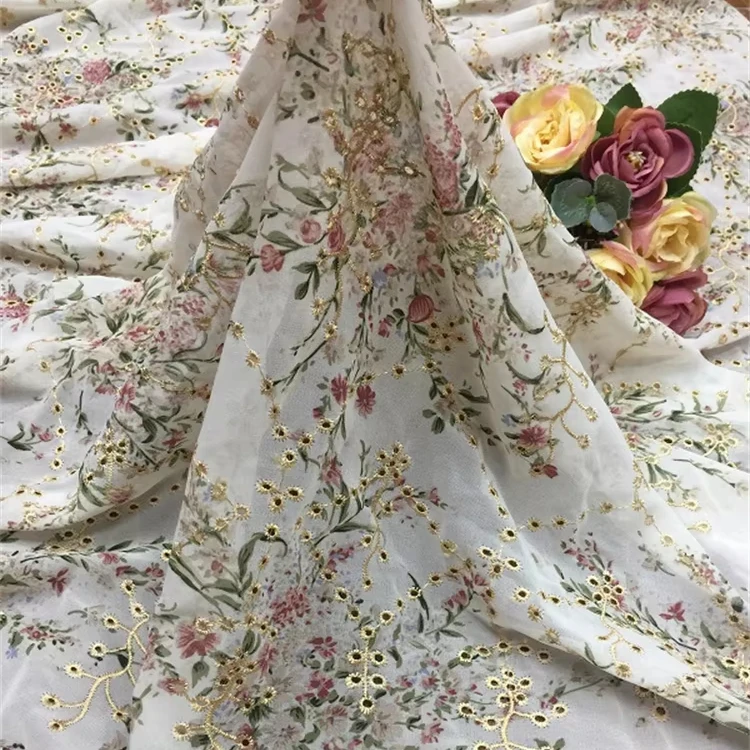 2024 вышитая Свадебная шифоновая 100% из полиэстера Цветочная вышивка тюль свадебная ткань для платья