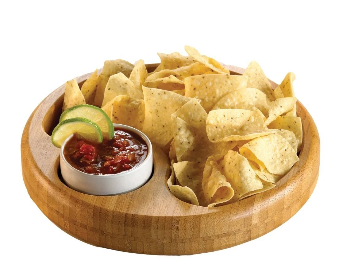 100% Natural High Quality Hot Sale Round Shape Bamboo Chip And Dip Tray With Ceramic Bowl