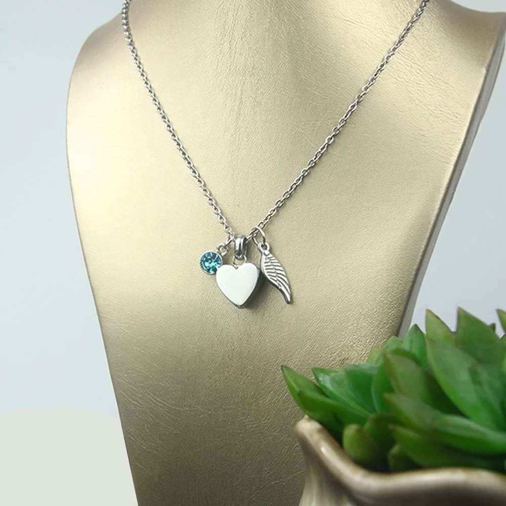 Heart with Angel Wings and Birthstone Pendant Necklace Cremation Urn Fashion Jewelry Keepsake Memorial for Human Pet Ashes