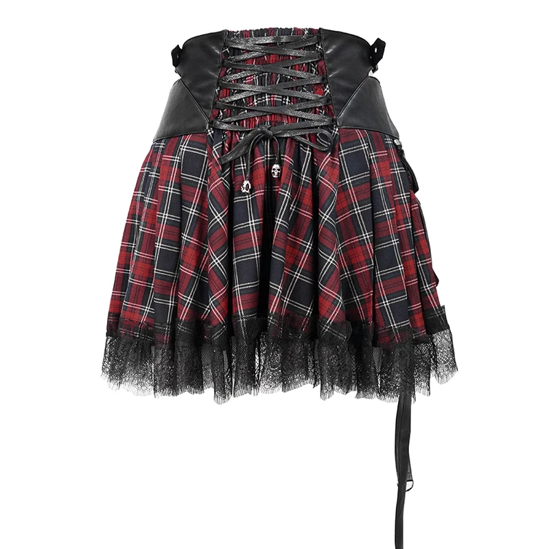 SKT110 summer japanese fashion lace up leather waist Scottish plaid punk cute girls small Tartan skirt with bag
