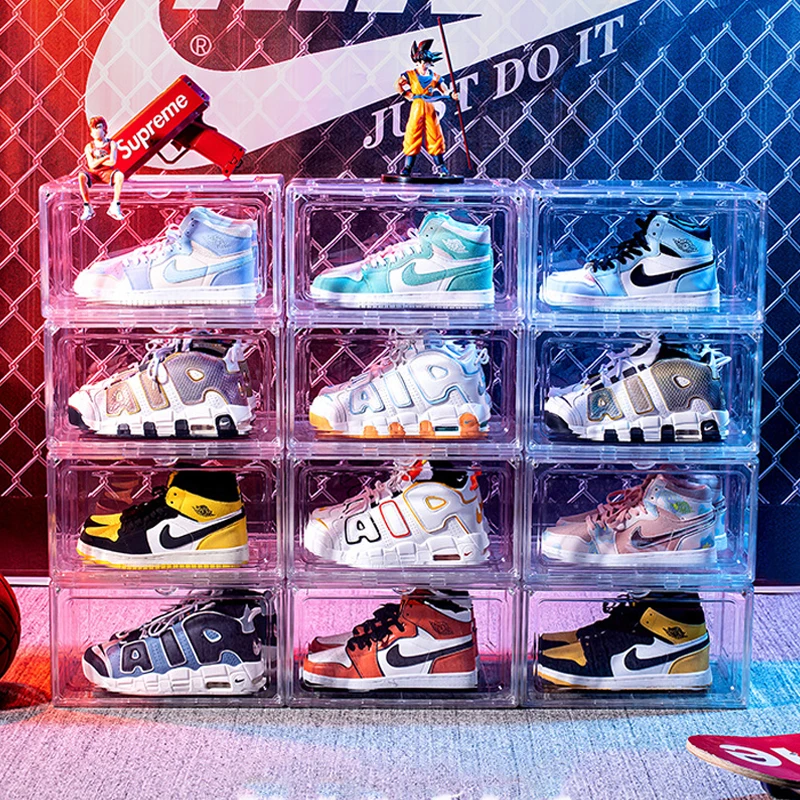 SENNIU Wholesale Transparent Plastic Sneaker Stackable Shoe Storage Boxes Drop Front Acrylic Drawer Type Magnetic Clear Shoe Box