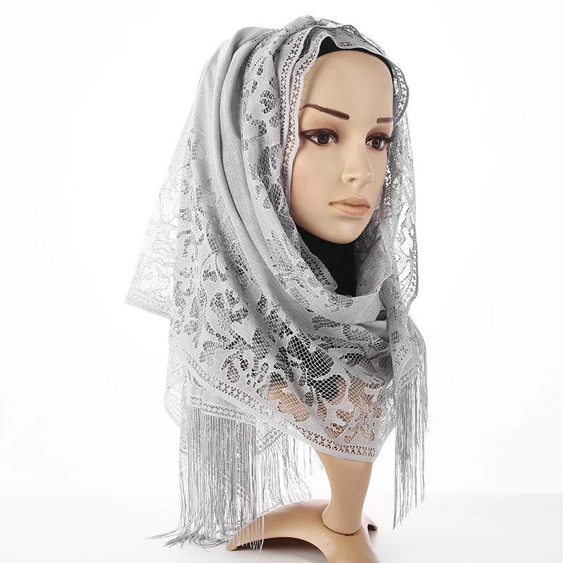 
Muslim Headscarf Pure Lace Hollow Tassel Scarf Female Autumn and Winter Long Veil Scarf Europe and America Women Shawl 