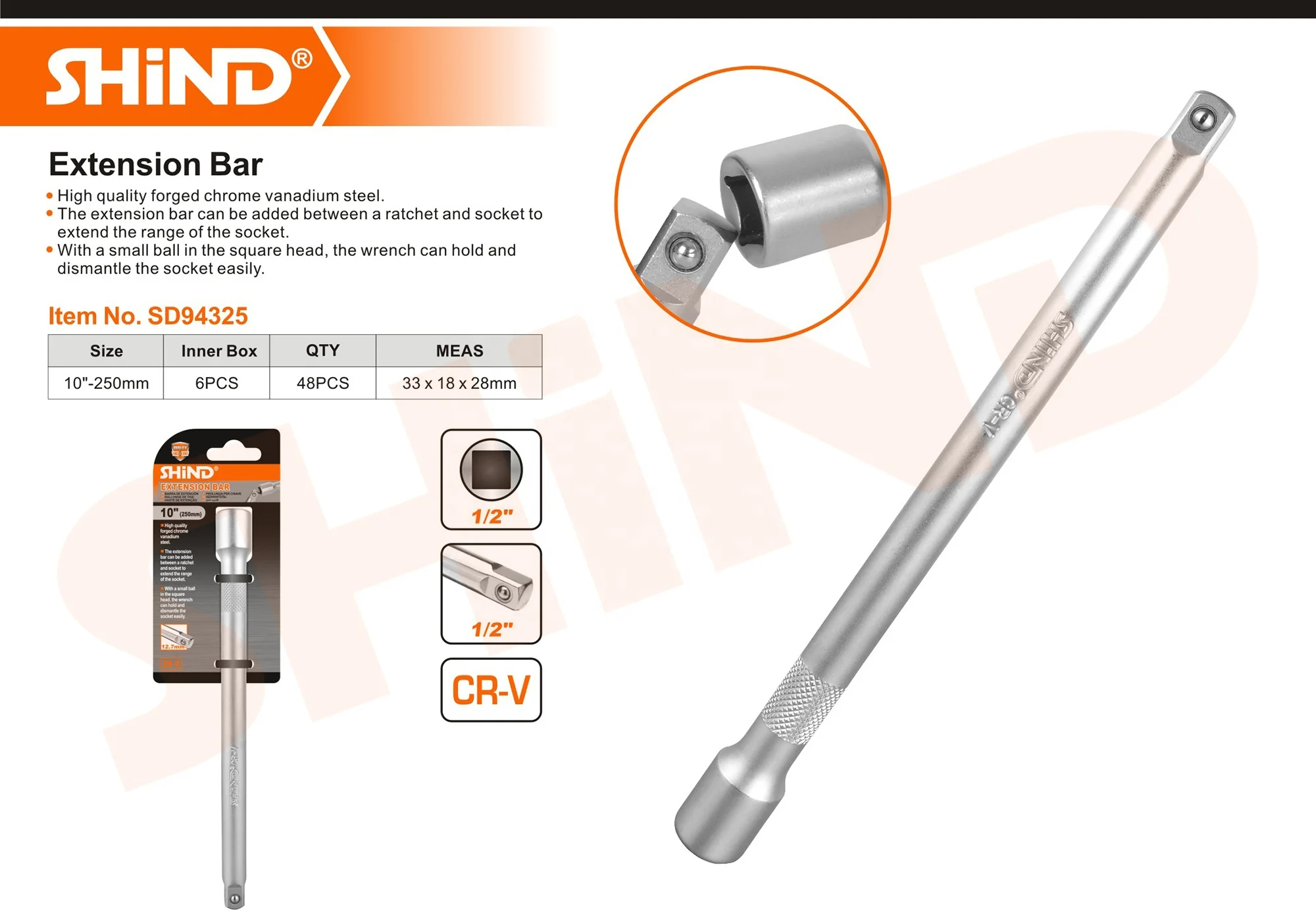 94325 High Quality 10' 250mm Square Head CRV Steel Adjustable Wrench Socket Extension Bar