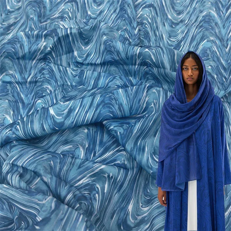 Free sample breathable soft 100% polyester blue marble texture pattern swirl print abaya hijab fabric for dresses and abayas