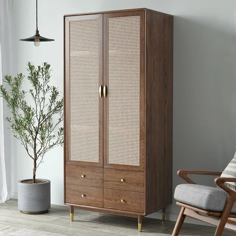 Dreamhause Japanese-style Wooden Wardro Nordic Solid Wood Rattan 2 doors Wardrobe Home Storage Large Hanging Cabinet With Drawer
