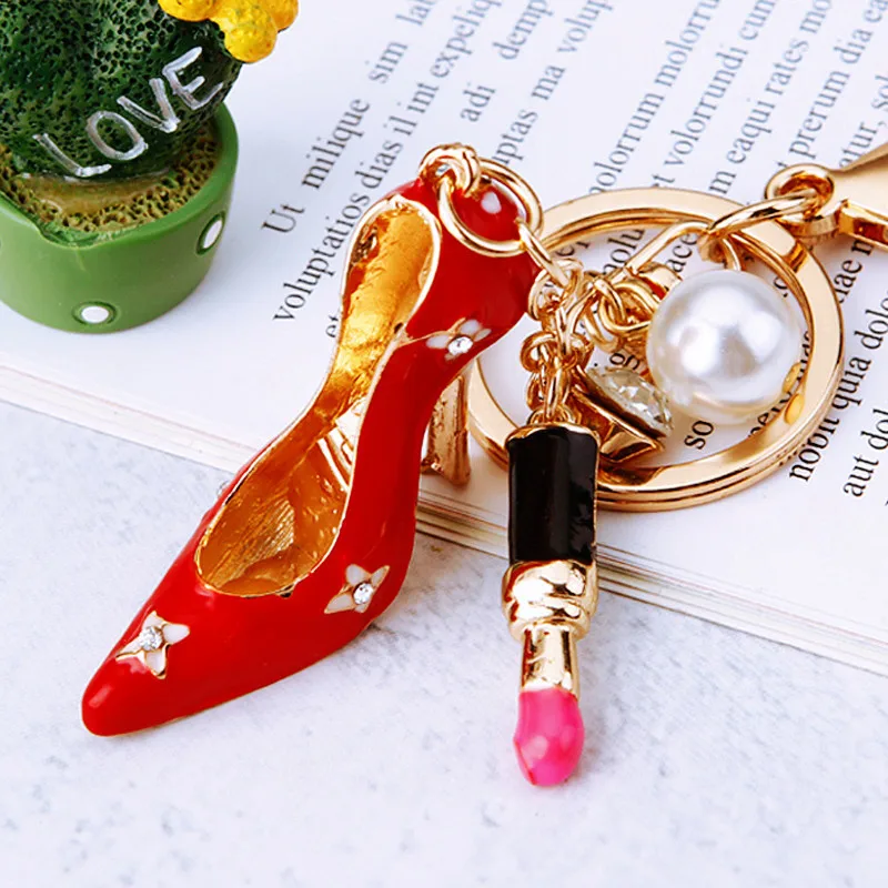 Custom Creative Gift Rhinestone Shoe Keychain Luxury Gold Metal Bag Pendant Key Chain For Ladies