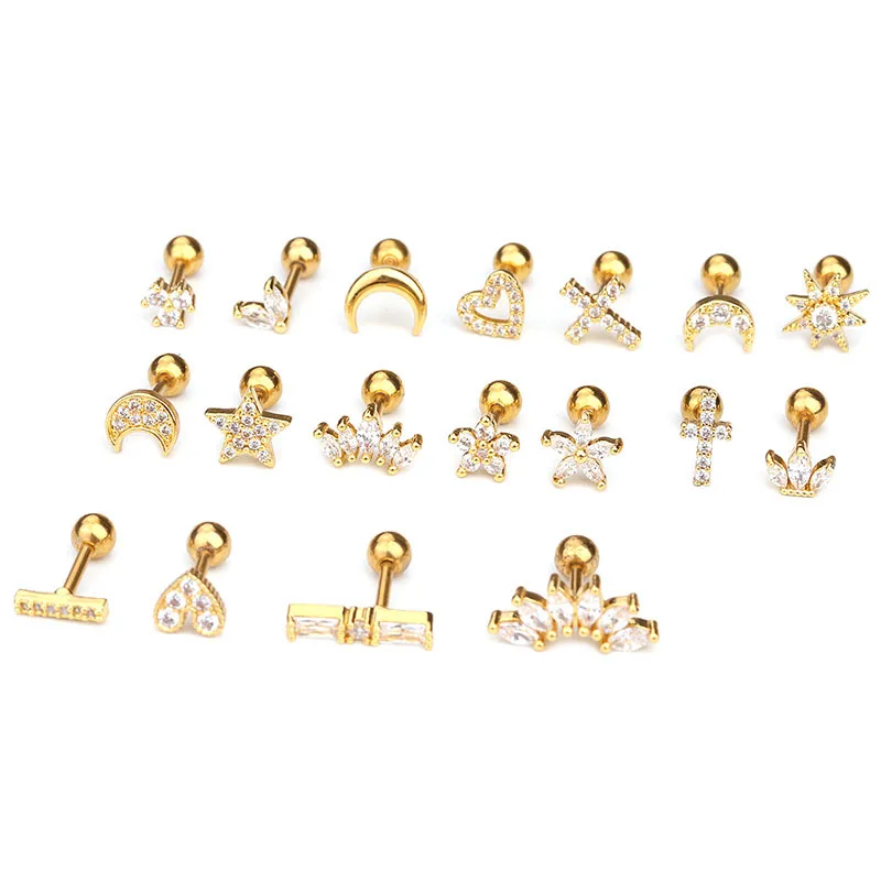 Stainless steel inlaid zircon crown ear screw twisted bead perforated jewelry