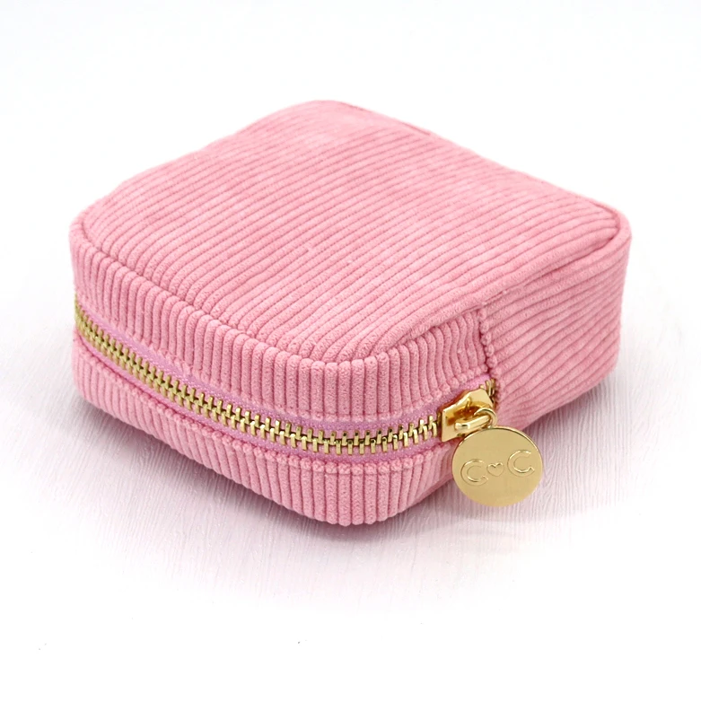 Cute Pink Corduroy Makeup Bag Mini size Clutch Zipper Cosmetic Pouch