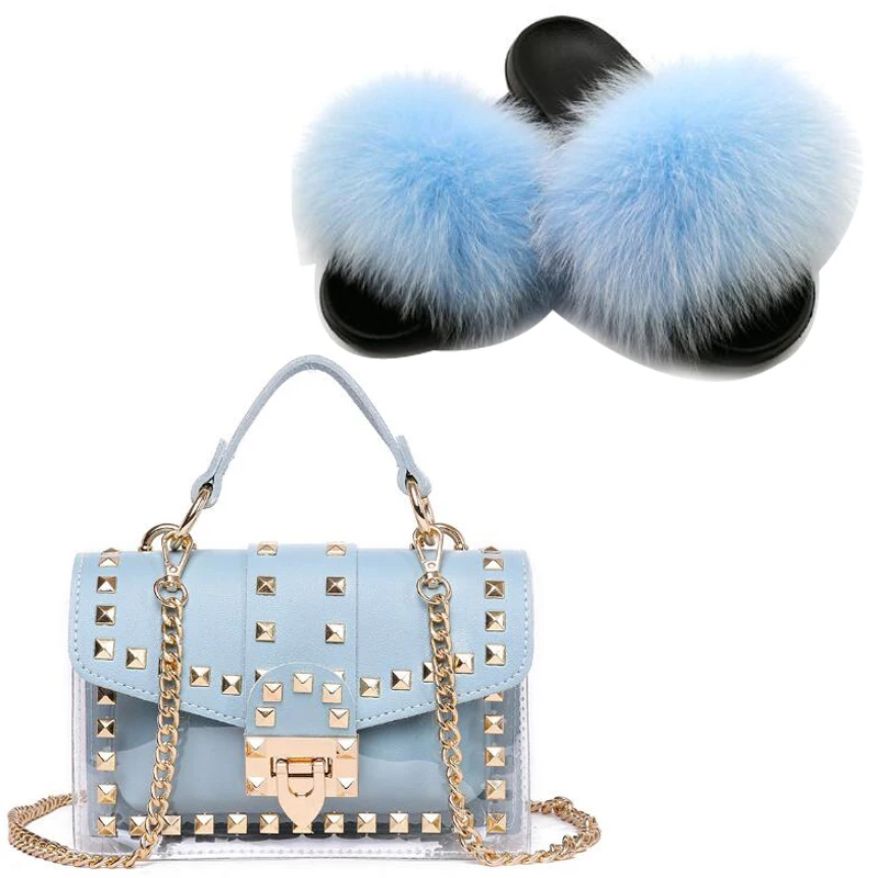 Шлепанцы женские с мехом лисы, милые пушистые меховые тапочки, Желейная сумка на плечо, комплект обуви, пляжные меховые сандалии через плечо