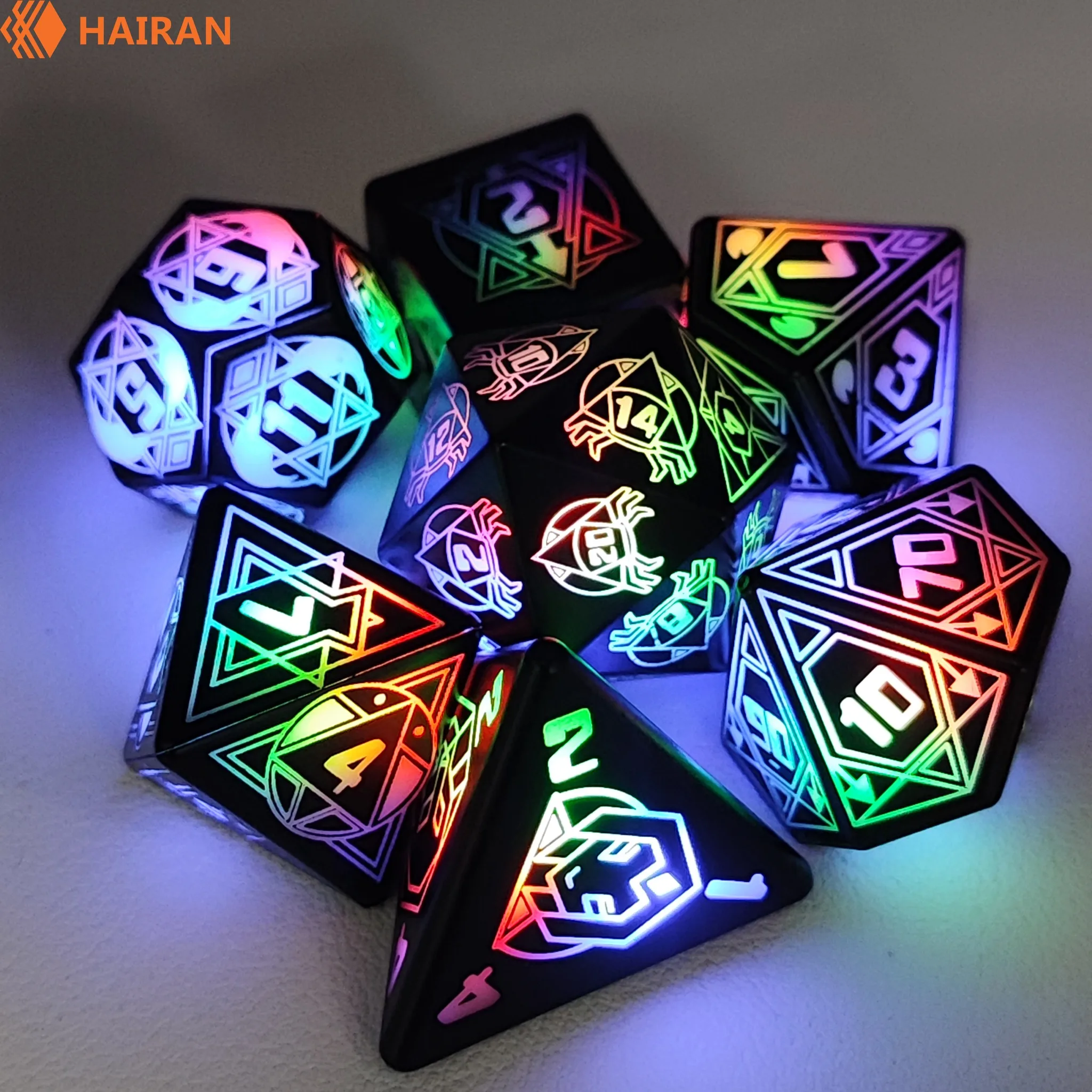 Custom 7 Piece Polyhedral Dice Set OEM ODM USB Rechargeable Electric with Charging Box Light up DND for Table Games