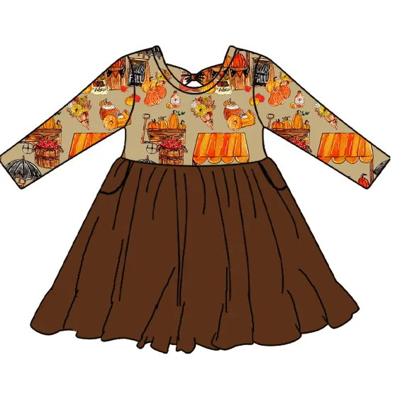 MR090 Halloween Baby Girl Lace Up Dress Custom Print Lovely Dress Baby Girl Pocket Frock