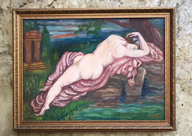Vintage Handmade Original Nude Naive Evening Fat Woman Girl Erotic Landscape Trees Oil Painting for Home Hotel Wall Art Decor