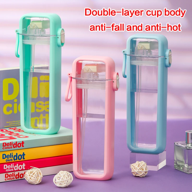 
Double-wall Silicone Insulated Plastic Clear Milk Carton Water Bottles with Straw 