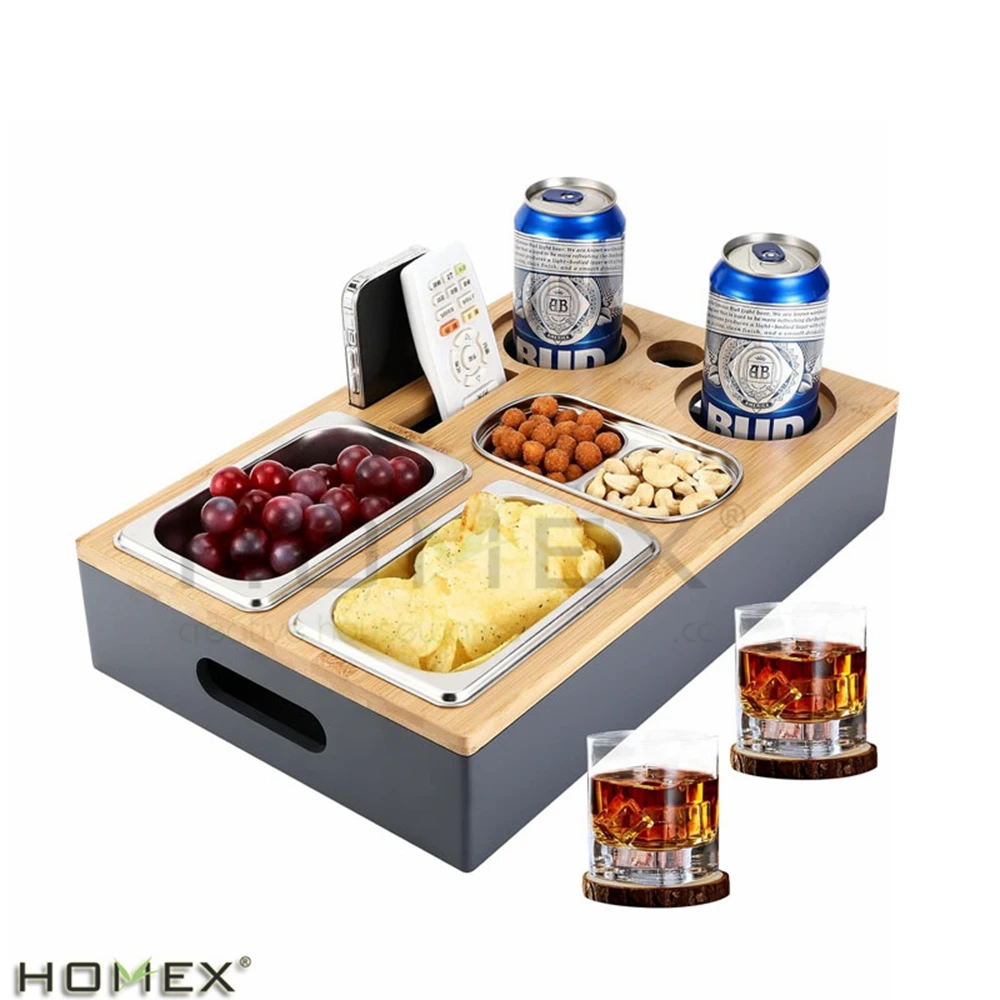 Bamboo Divided Snack Box Dispenser Container with Lid Bottle Holder for Living Room Picnic Party