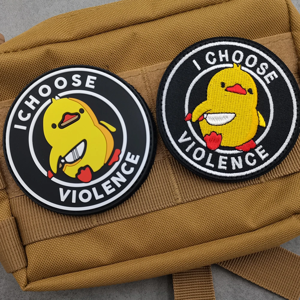 I CHOOSE VIOLENCE Embroidery Duck With Knife Round Shape Patch Animal Letter Clothing Bag Hat Applique Sticker Bag