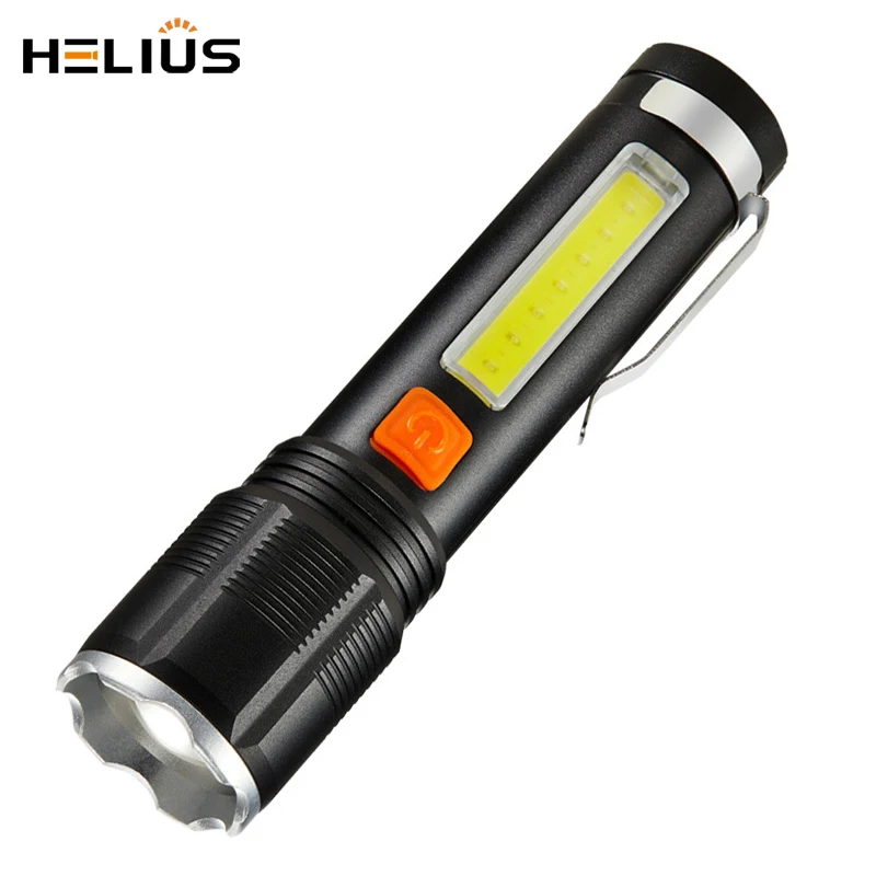 Helius Wholesale Outdoor LED P50 Beads Rechargeable Aluminum Alloy Telescopic Zoom with COB Side Light Flashlight