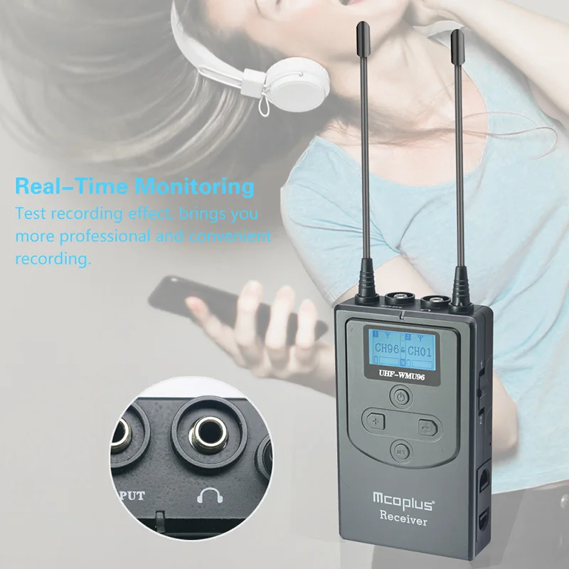 Mcoplus UHF-WMU96(2TX+1RX) Professional  ABS Dual-channel Wireless Lavalier Microphone for DSLR Mirrorless Cameras Smartphone