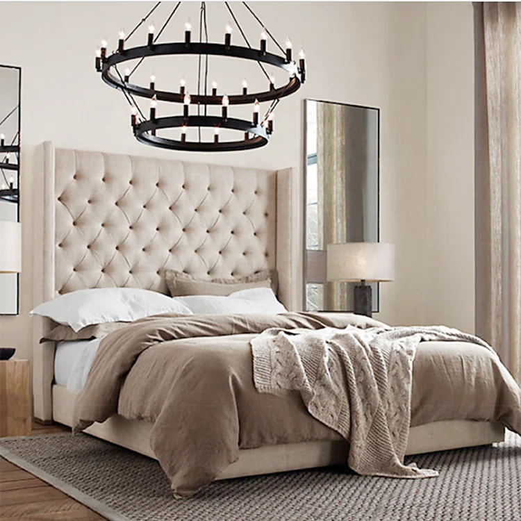 American luxury modern wooden soft lazy plywood upholstered high headboard double and chesterfield single size twin tufted bed