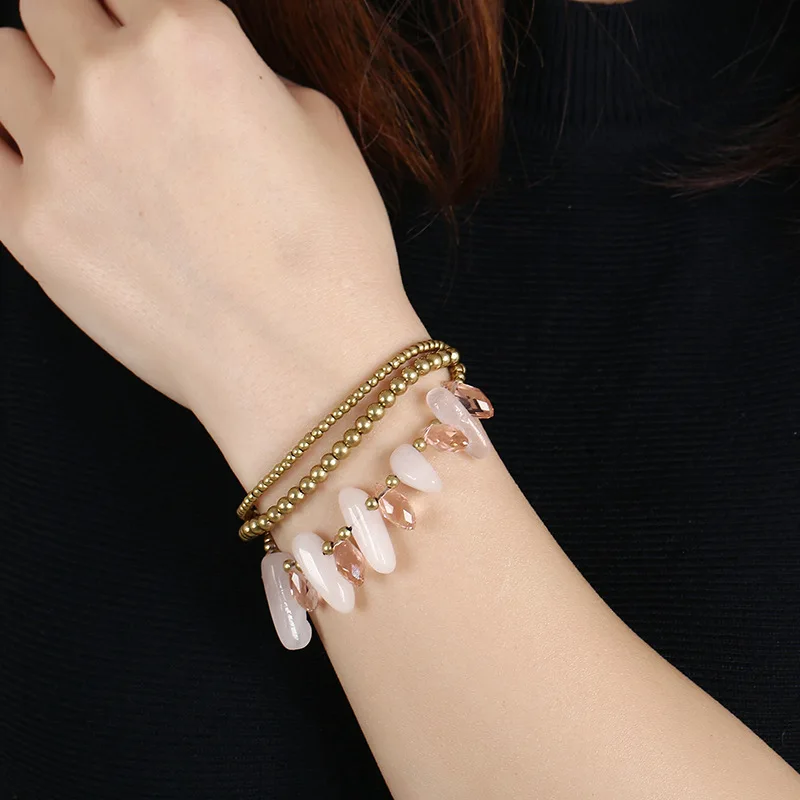 natural stone women bracelet boho style Wholesale women popular boho handmade nature quartz stone brass beaded bracelet jewelry