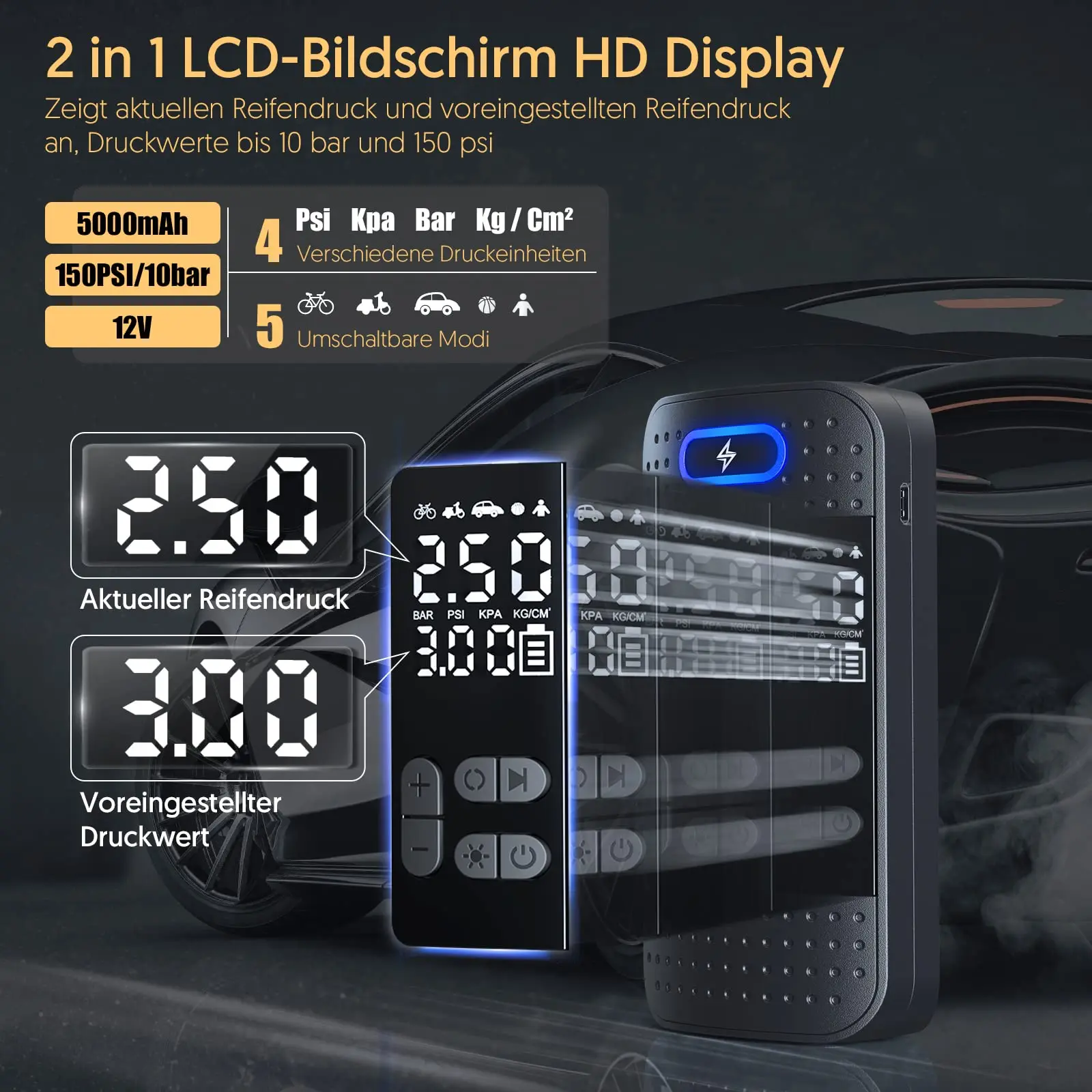 DC 12V USB Rechargeable Tire Inflator Light Weight Electronic Car Bike Tire Air Pump