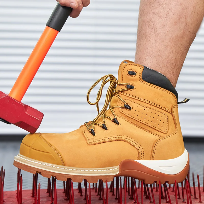 OEM Goodyear nubuck leather safety boot yellow ,  durable  industrial work boots men, heavy duty middle cut goodyear wook boots